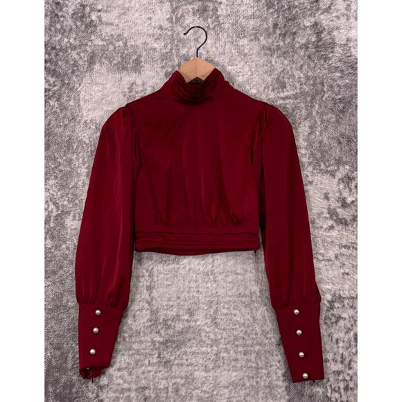 Camila Coelho Top XXS Womens Ruby Red Satin Crop Open Back Long Sleeve Blouse - Picture 1 of 8